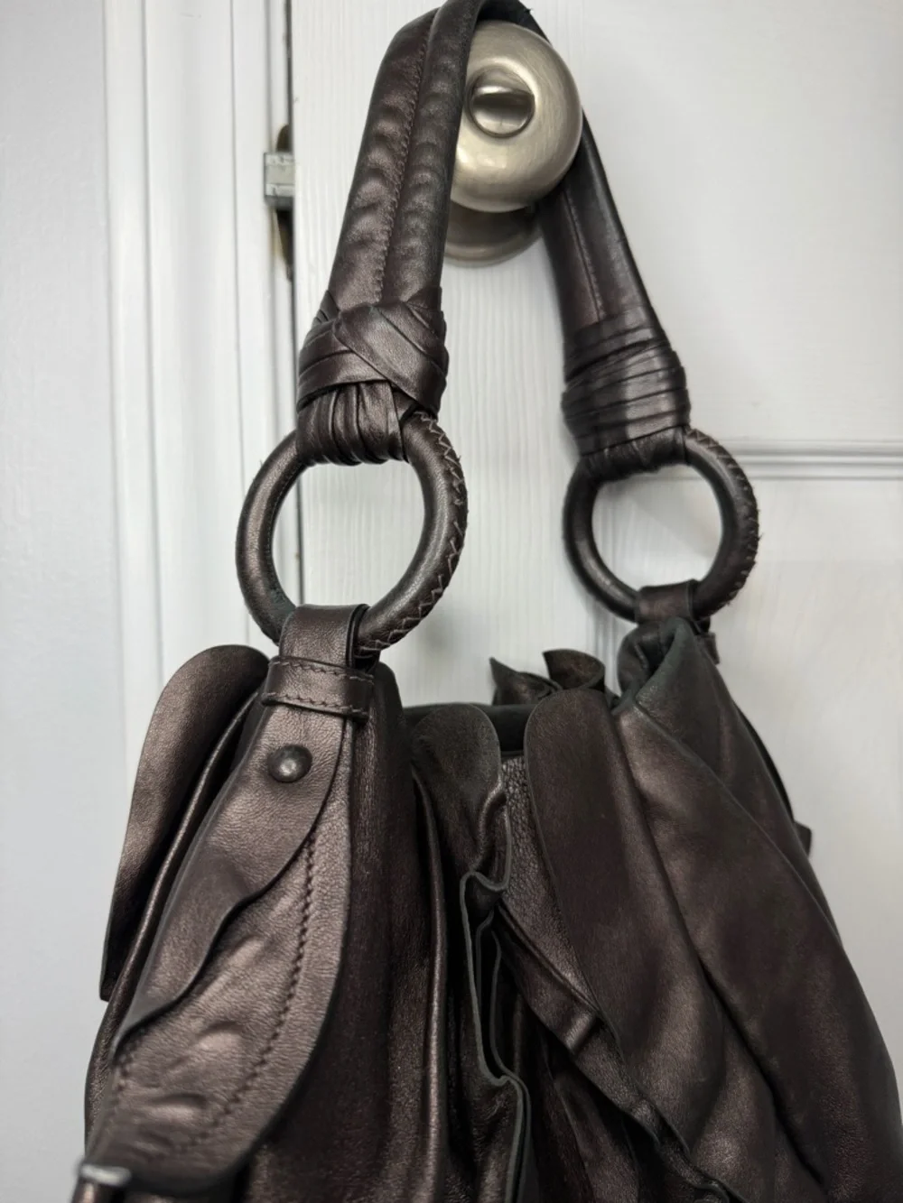 Prada Brown Nappa Mordore Ruffle Hobo Bag Purse.